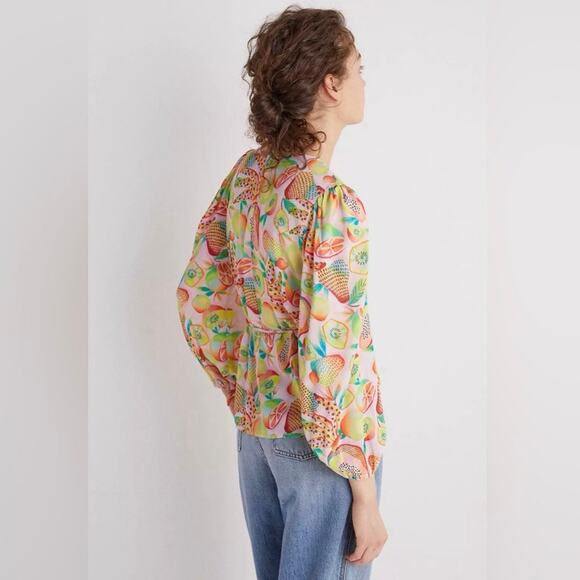 Farm Rio Rainforest Long Sleeves Blouse Fruits Print Wrap V-Neck Yellow Size XS - Picture 3 of 16